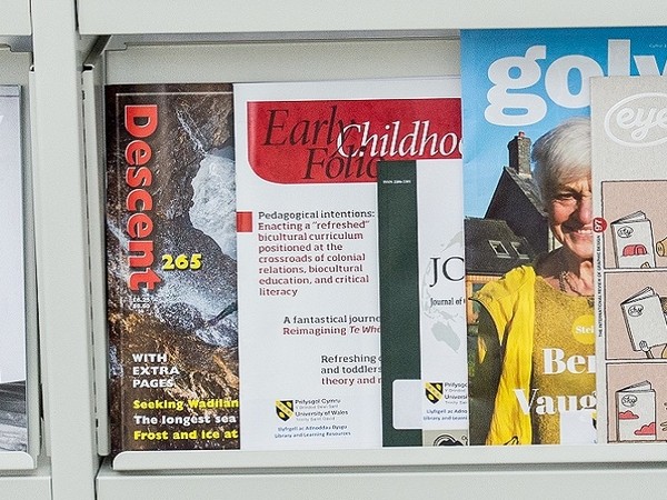 Magazine rack showing covers of Descent issue 265, Early Childhood Folio, Journal of..., and a magazine with a smiling older woman in a yellow jacket