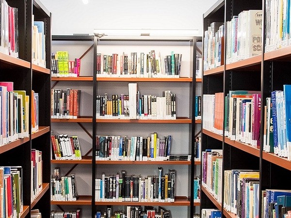 Bookshelves filled with a variety of books in a well-lit library setting, viewed from between two rows of shelves.