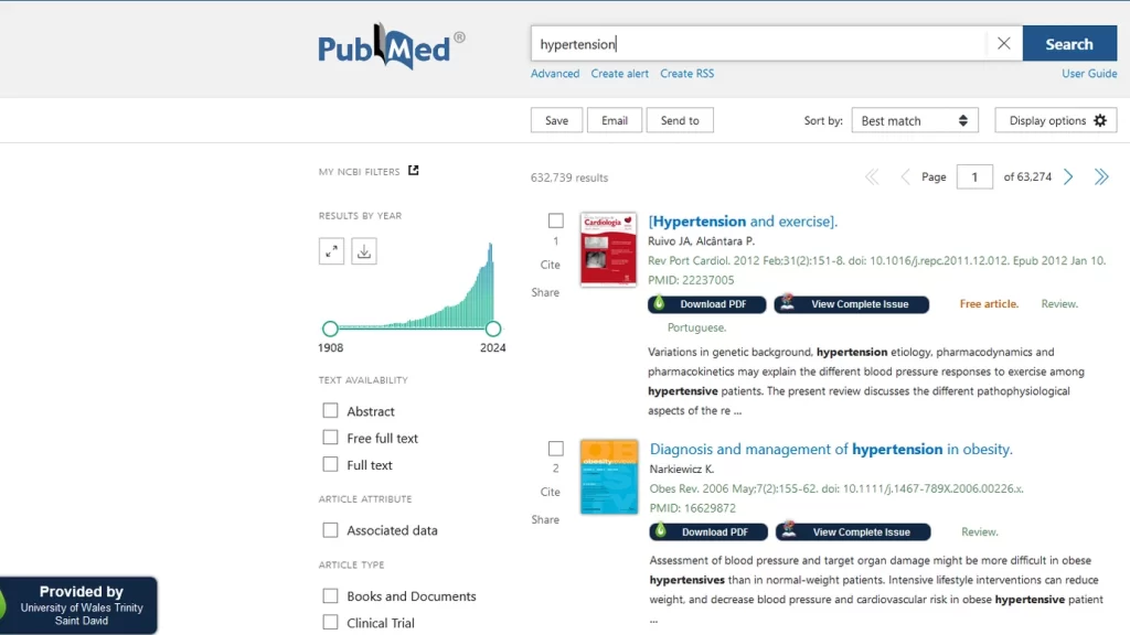 Screenshot of a PubMed search results page displaying results for the keyword 'hypertension', showing over 632,739 results, filters by publication year from 1908 to 2024, text availability and article type options, and a list of articles including titles, authors, publication details, download options, and brief descriptions.