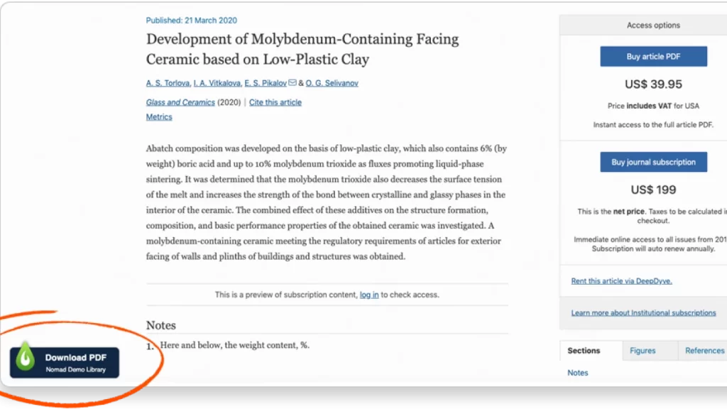 Web page showing a scientific article titled 'Development of Molybdenum-Containing Facing Ceramic based on Low-Plastic Clay' with author names and publication date, including pricing options on the right side for buying the article PDF and journal subscription, and a prominent Download PDF button at the bottom left corner highlighted with an orange circle.
