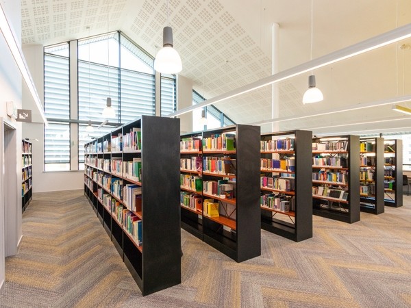 Interior of a modern library with rows of black bookshelves filled with books, large windows with geometric patterns, hanging white pendant lights, and a carpeted floor with a geometric design.