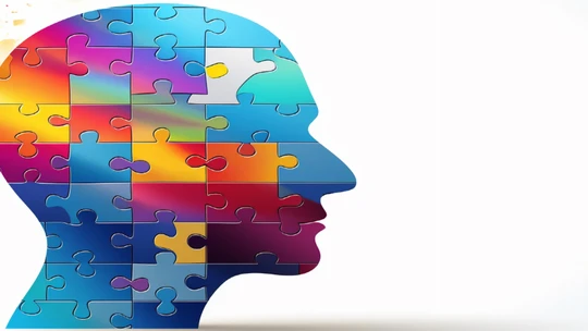 Silhouette of a human head composed of colorful jigsaw puzzle pieces against a white background
