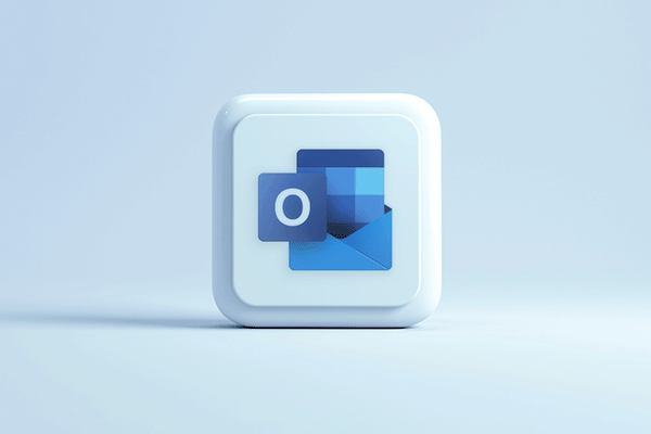 3D icon of the Microsoft Outlook logo with an envelope and the letter O on a rounded square background in blue and white tones