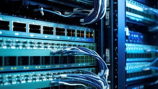 Close-up view of network switch panels with multiple Ethernet cables plugged in, illuminated with blue lighting in a data center environment.