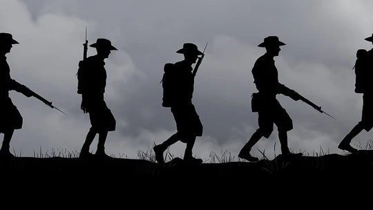Silhouettes of five soldiers walking in a line, each carrying rifles with bayonets, set against a cloudy sky background.
