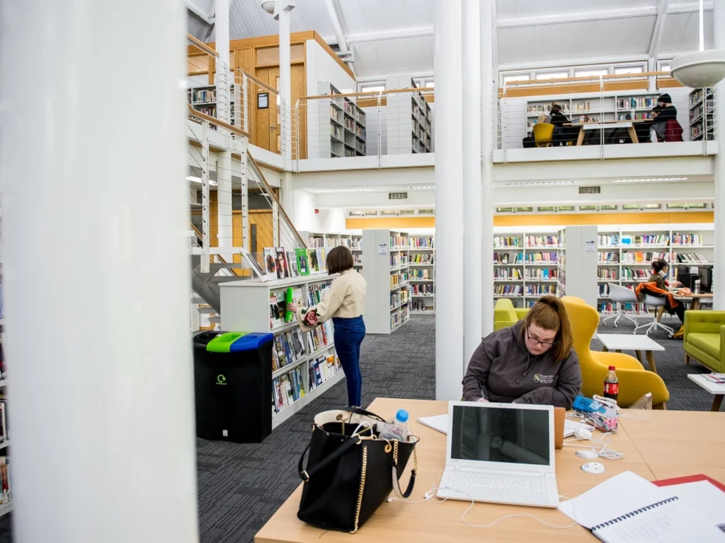 Library interior with two levels of bookshelves, a person selecting a book, and another person seated at a table working on a laptop amid study materials and bags.