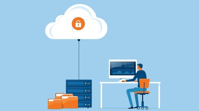 Illustration of a person sitting at a desk working on a computer connected to a cloud storage symbol with an unlocked padlock, indicating data access or cloud security, with servers and file folders beside the desk against a blue background