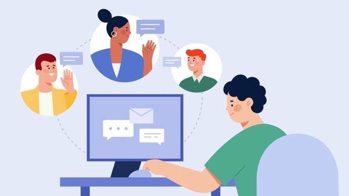 Illustration of a person sitting at a desk using a computer with speech bubbles and circular icons showing three other people engaging in a virtual conversation or online chat.