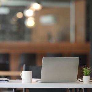 A laptop on a white desk with a white coffee mug to the left and a small potted plant to the right, with a blurred background suggesting an office or workspace.