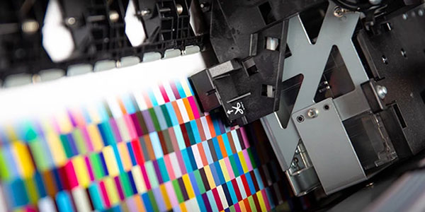 Close-up of a printer producing a vividly colored test pattern with multiple rows of color blocks.