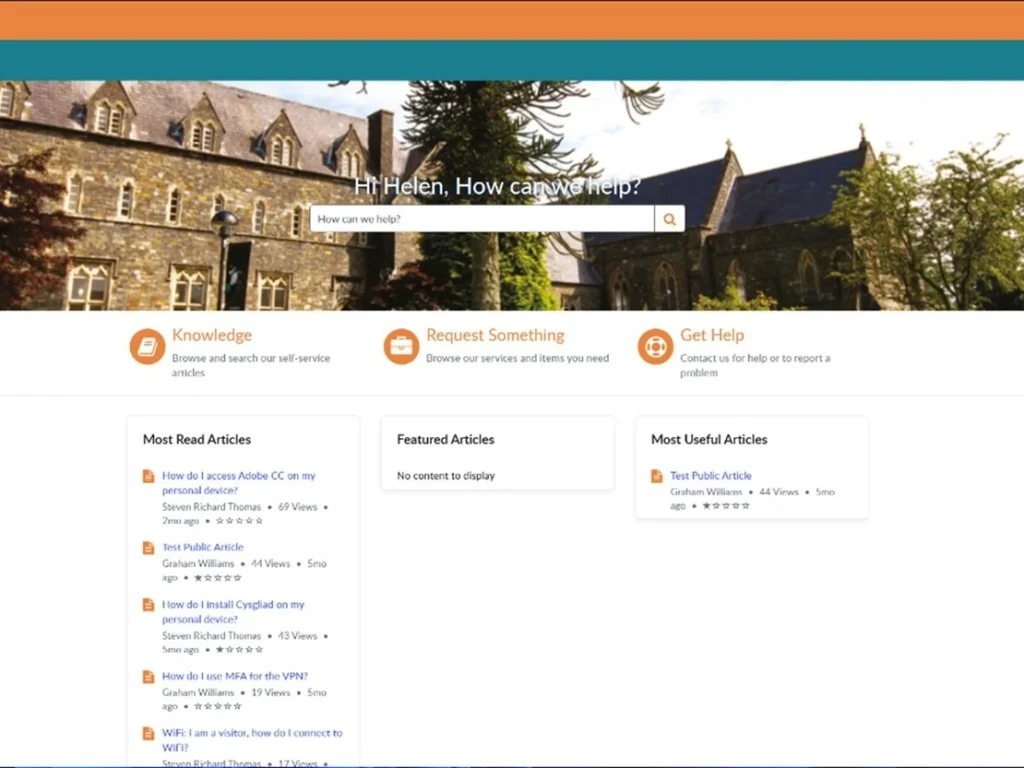 A webpage with a header showing a stone building and text 'Hi Helen, How can we help?' with a search bar below. Below are three sections titled Knowledge, Request Something, and Get Help, each with brief descriptions. The page also features three columns labeled Most Read Articles, Featured Articles (showing 'No content to display'), and Most Useful Articles, listing article titles and metadata such as author names, views, and dates.