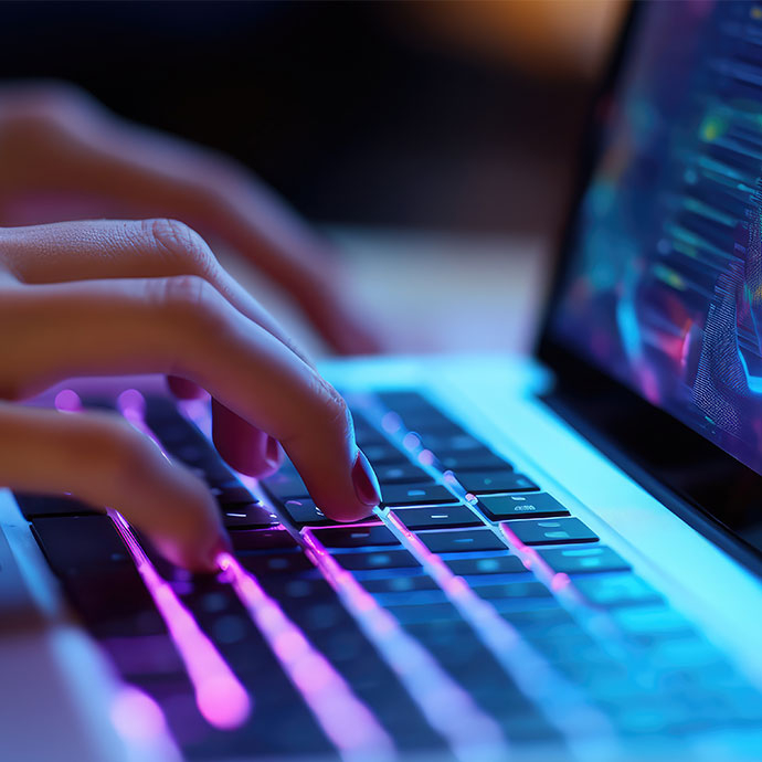 Close-up of hands typing on a laptop keyboard illuminated with purple and blue lighting, with a blurred computer screen in the background.