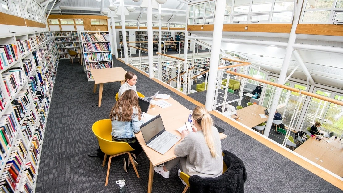 Three women seated at a wooden table in a modern, bright library with white walls and large windows, working on laptops and reading papers, surrounded by bookshelves and overlooking a lower floor seating area.