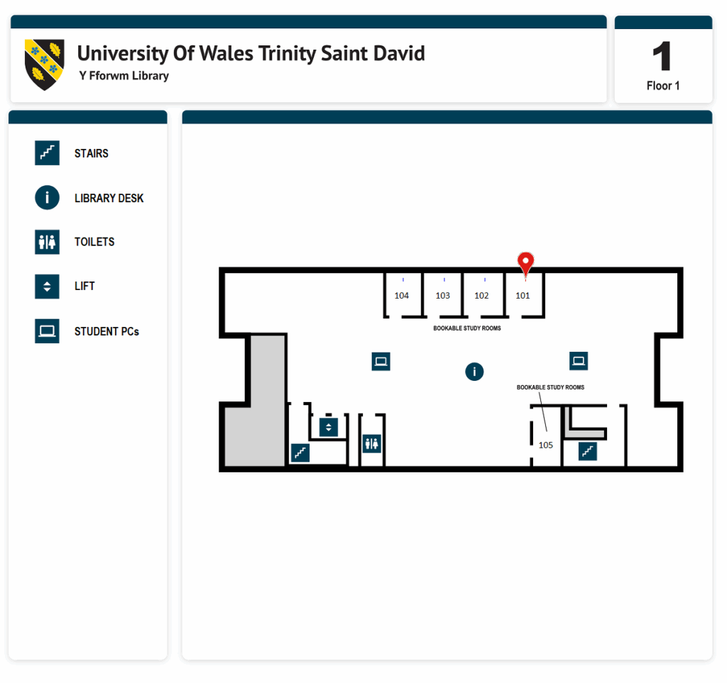 Floor 1 layout of University of Wales Trinity Saint David's Y Fforwm Library showing bookable study rooms numbered 101 to 105, locations of stairs, library desks, toilets, lifts, and student PCs with icons, and a red marker on room 101.