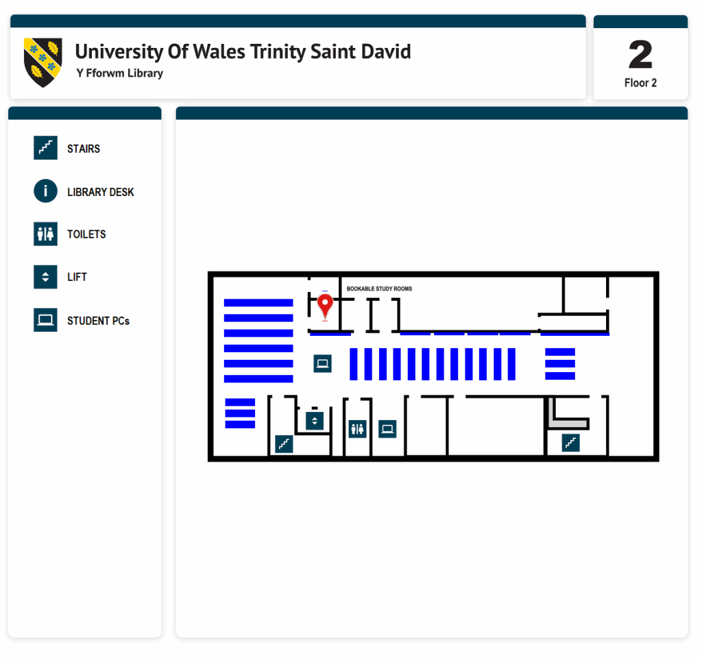 Map of the Y Fforwm Library second floor at University of Wales Trinity Saint David showing locations of stairs, library desk, toilets, lift, and student PCs, with a red location marker near bookable study rooms on the left side of the floor layout.