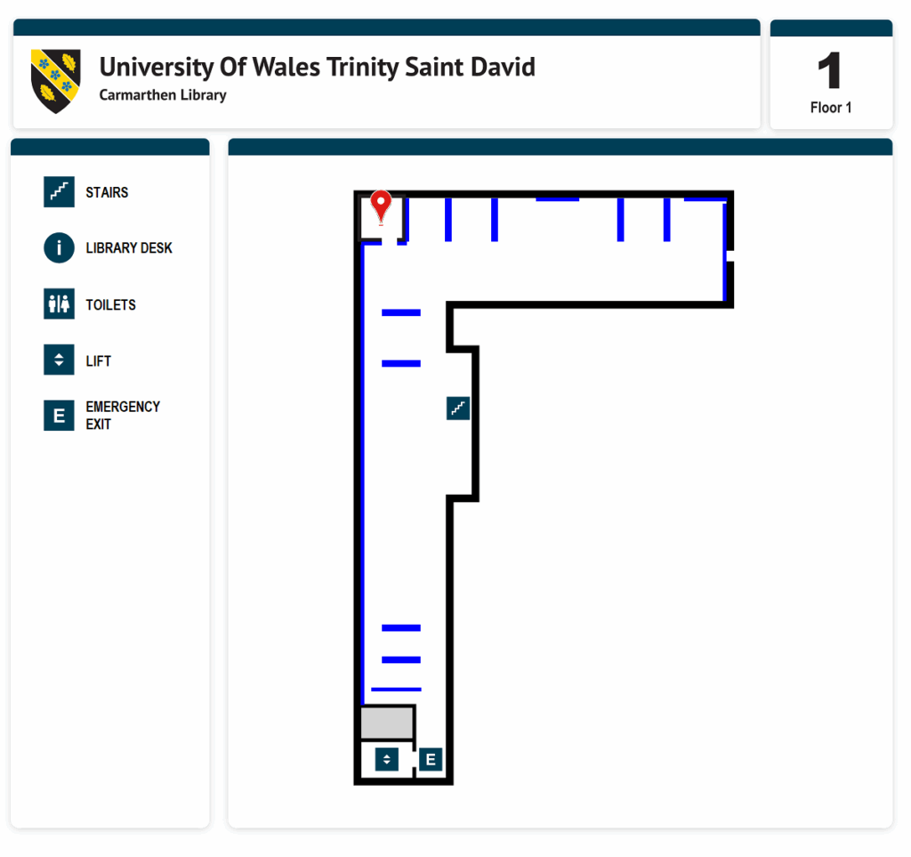 Floor 1 map of University Of Wales Trinity Saint David Carmarthen Library showing layout with stairs, library desk, toilets, lift, and emergency exit marked; a location pin is at the top left corner inside the layout; legend on the left explains symbols for stairs, library desk, toilets, lift, and emergency exit.