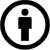 Creative Commons BY logo. Black and white icon of a person inside a circle, stylized with a round head and rectangular body.